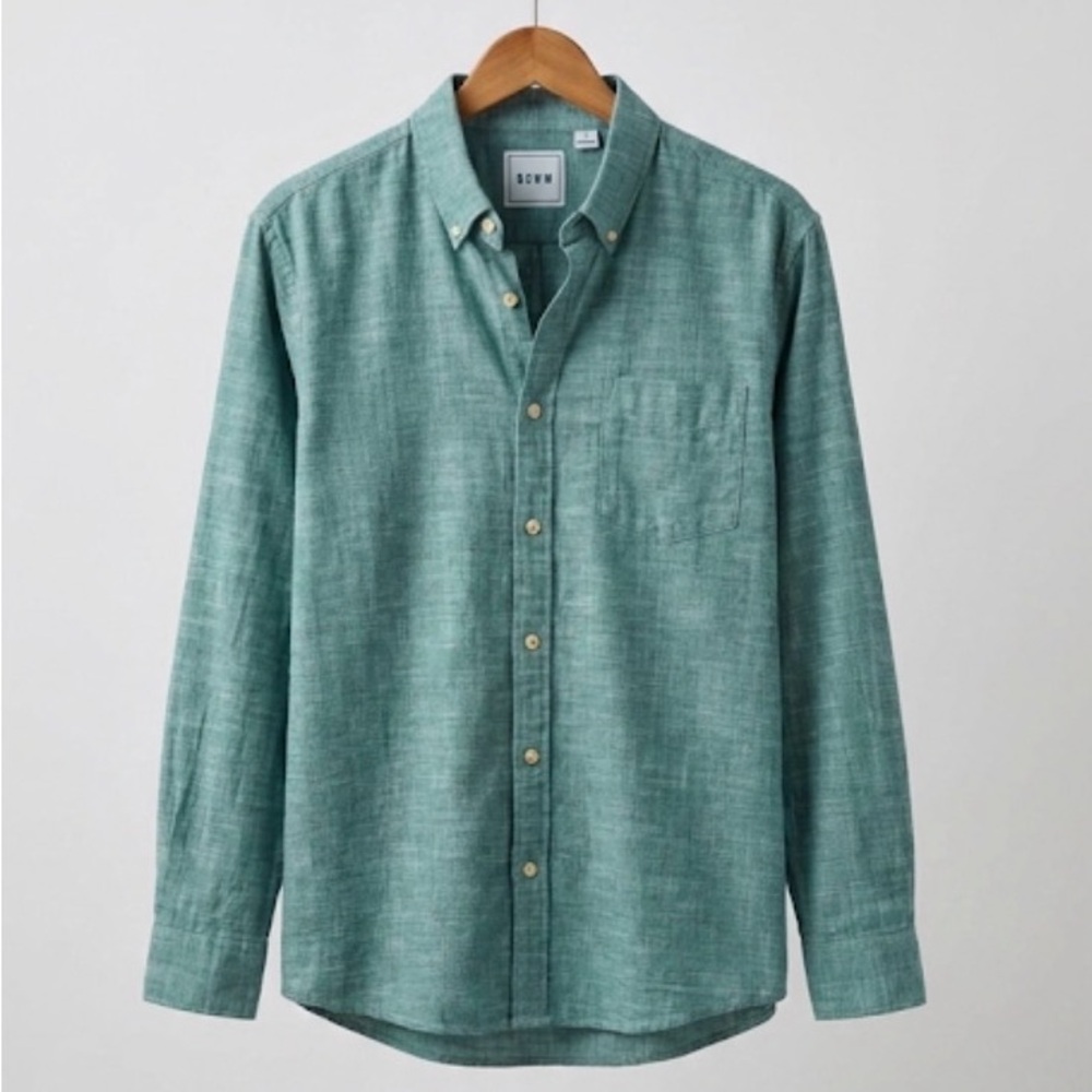 ROWM Men's Large Green Button Down Shirt 100% Cotton Long Sleeve Textured Casual